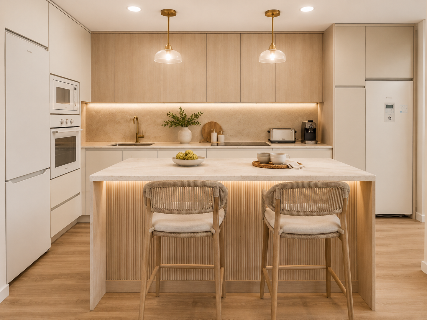 Cocina abierta con isla del apartamento Aguacate Beach.